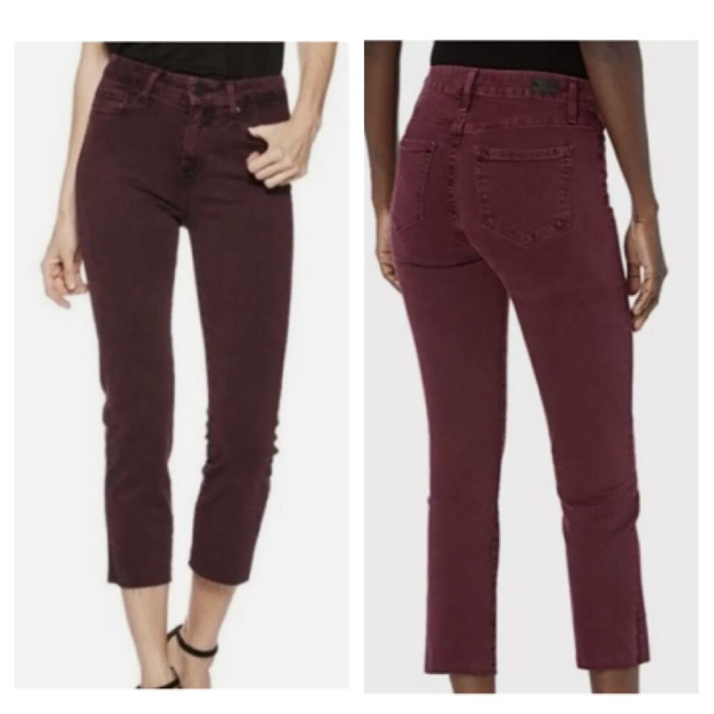 Anthropologie Paige Jacqueline Straight Jeans Axel Raw Hem Maroon Burgundy Sz 25